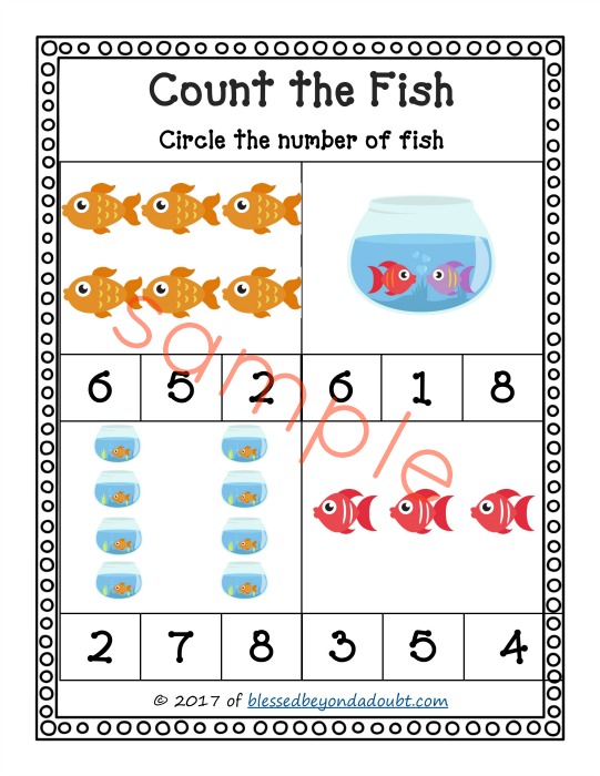 FREE Count the Fish Printables. These are perfect for math stations or a homeschool setting. PreK and K level math stations with a cute fish theme.