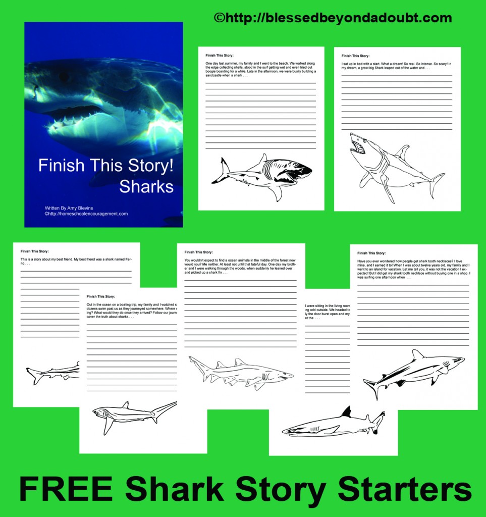 Finish The Story: Sharks is a brand new set of 8 story starters with awesome shark graphics just in time for Shark week. Plus, this article is chock full of amazing (and mostly free!) shark resources to round out your studies. #sharkweek 