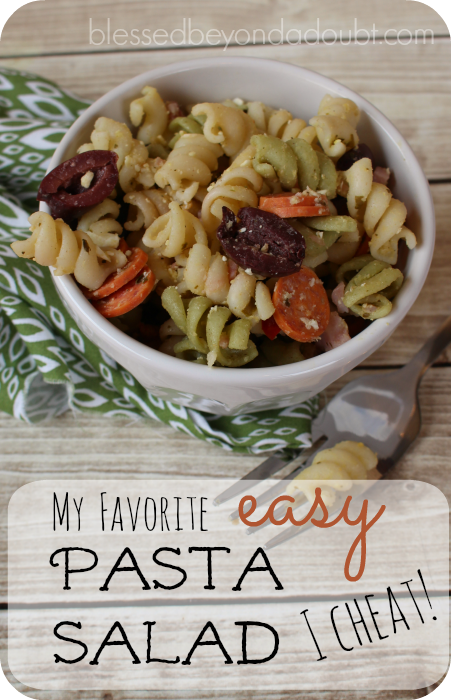 Super EASY cold pasta salad recipe. I bring it to all gatherings. It's my favorite pasta salad. And yes, I cheat a bit.