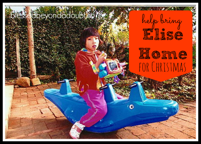 Please help bring Elise to her new home in China this Christmas. Read the sweet story.