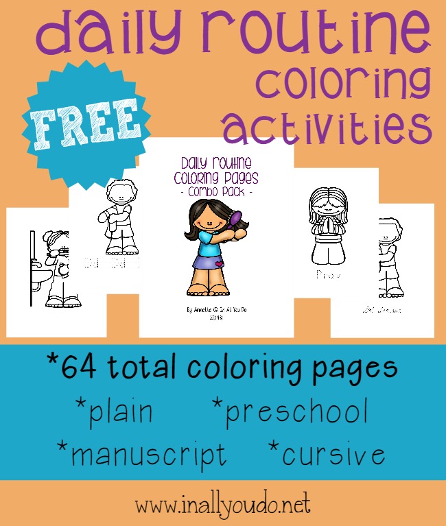 Use these fun Daily Routine coloring pages to help teach your kids what they need to do. Download them {free} now!!