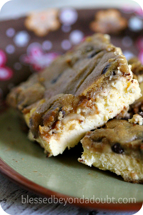  They are so rich and creamy. My gang absolutely fell in love with these easy chocolate chip cheesecake bars. They taste like something you would get a restaurant.