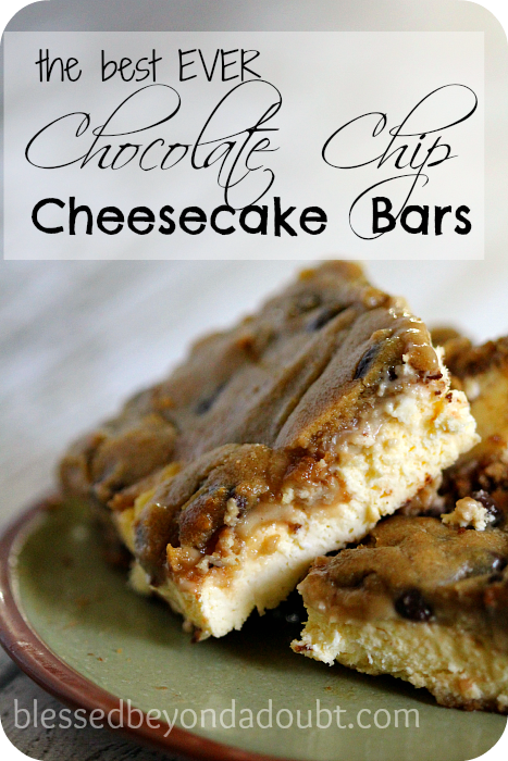 These chocolate chip cheesecake bars are so rich and creamy! You can't go wrong with these bars.