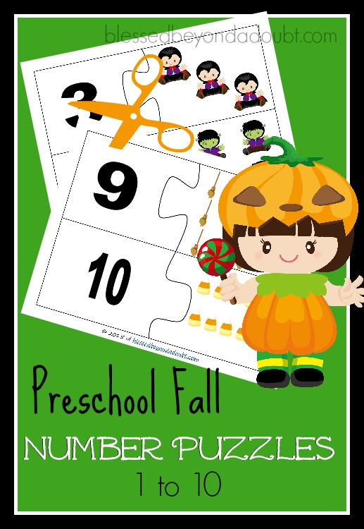 FREE Preschool Fall Number Puzzles. Print, laminate, and cut for a hands on approach to number recognition.
