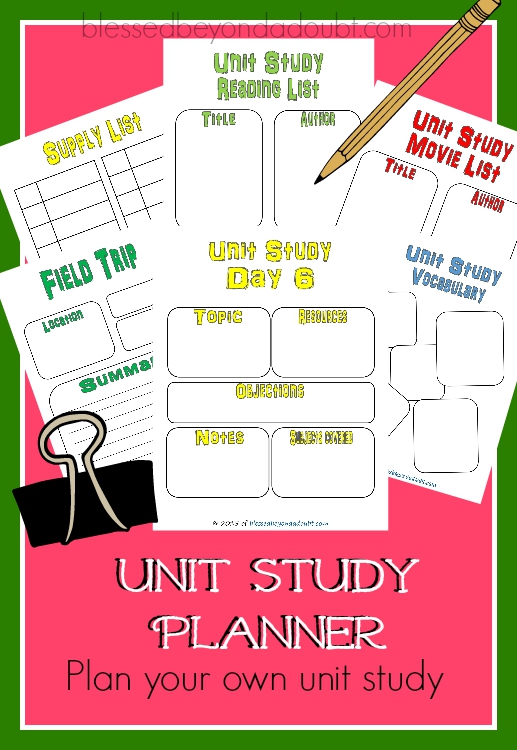 Free Unit Study planner. You can successfully plan you very own unit study with these printables. No stress planning.