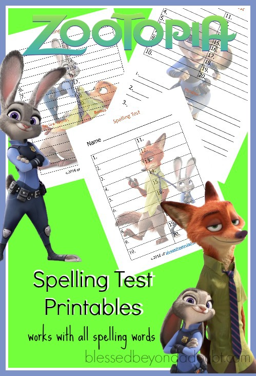 FREE Zootopia spelling test printables. Print these for pretest and tests. Super cute homeschool resources.