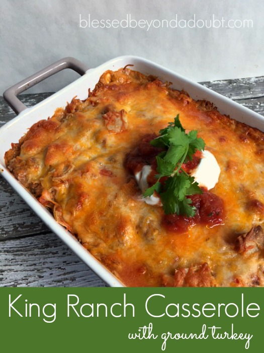 Try this easy King Ranch Casserole recipe with ground turkey. It's amazing! My kids love it, too!