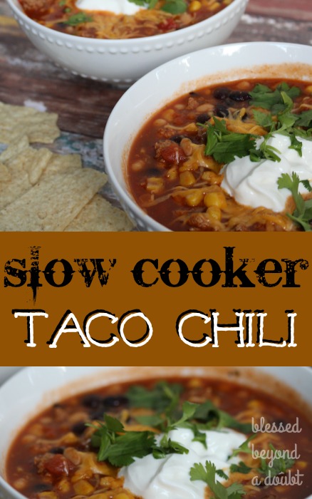 This slow cooker easy taco chili recipe is one of my favorite comfort foods in the cooler months. Check out how easy it is to throw in your slow cooker. 