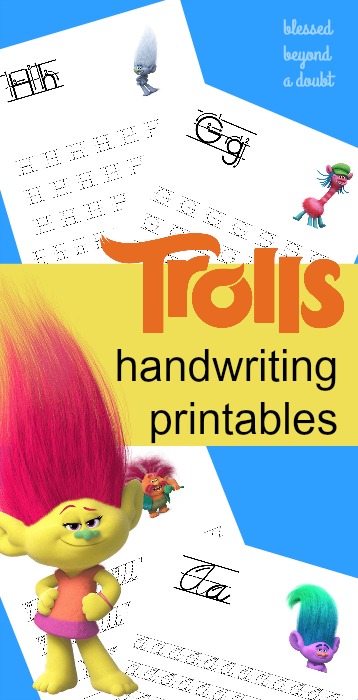 Free Trolls handwriting printable set in print and cursive editions. They are so cute!