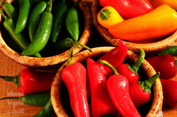 Closeup of an assortment of Sweet Peppers and Chilies in Bowls misted with water on a rustic wooden surface.