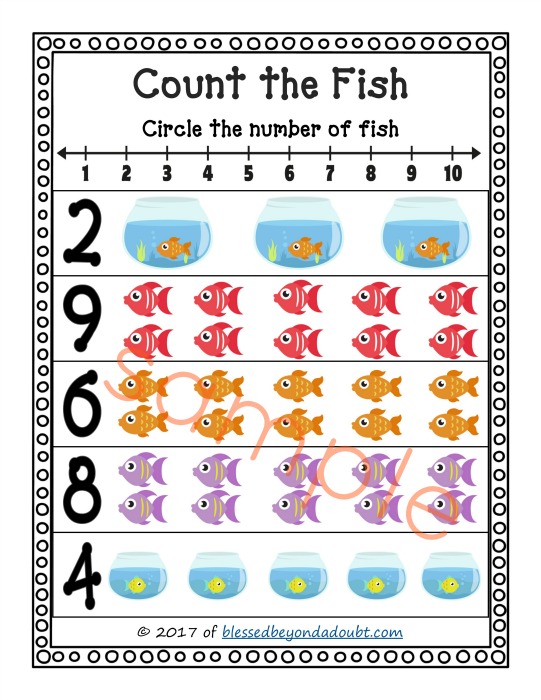 FREE Count the Fish Printables. These are perfect for math stations or a homeschool setting. PreK and K level math stations with a cute fish theme.
