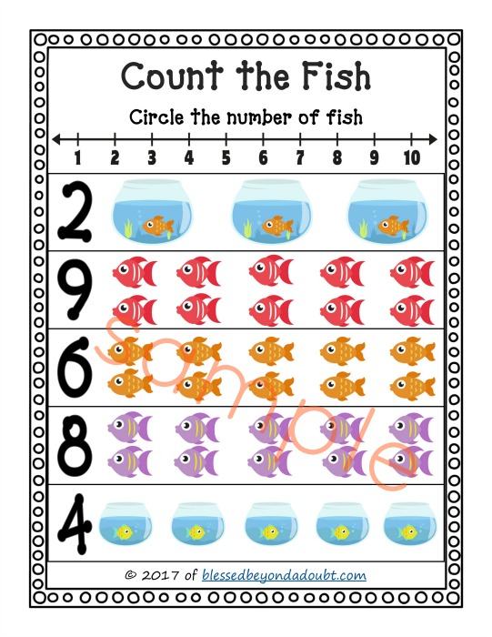 FREE Count the Fish Printables. These are perfect for math stations or a homeschool setting. PreK and K level math stations  with a cute fish theme.